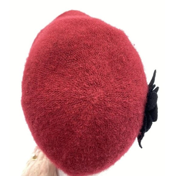Badgley Mischka Red Wool Blend Cloche Bucket Hat with Gray Felt Flowers One Size - Picture 5 of 10